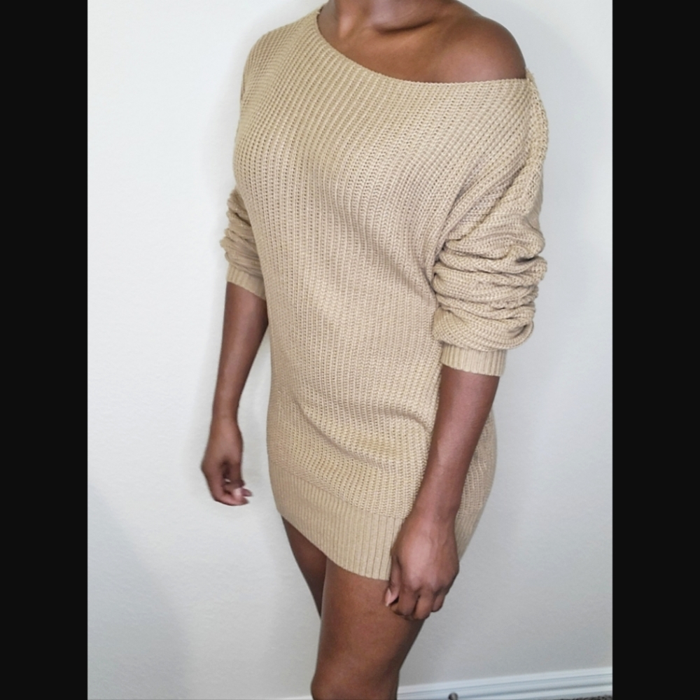 Off-the-shoulder knit sweater dress